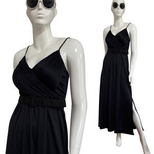 Vintage Slinky 1970s Pleated V-Neck Spaghetti Strap Side Slit Evening Gown